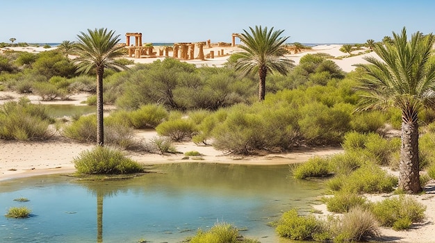 Un'oasi tranquilla circondata da dune di sabbia e antiche rovine