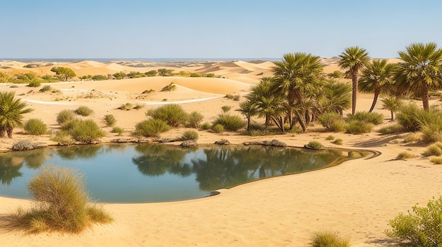 Un'oasi tranquilla circondata da dune di sabbia e antiche rovine