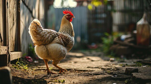Un'occhiata al mondo sereno Una gallina maestosa che posa graziosamente vicino a una rustica recinzione di legno