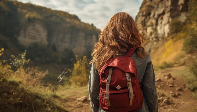 Un'occhiata al retro di una ragazza che esplora nuovi orizzonti in viaggio