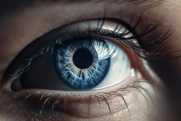 Un occhio azzurro umano realistico e dettagliato con ciglia e sopracciglia Primo piano dettagliato dell'occhio umano Occhio azzurro realistico con retina blu dettagliata Occhio umano con peli e ciglia IA generativa