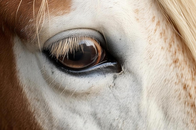 un occhio di cavallo è in primo piano con un pennello nello stile di bianco scuro e arancione chiaro