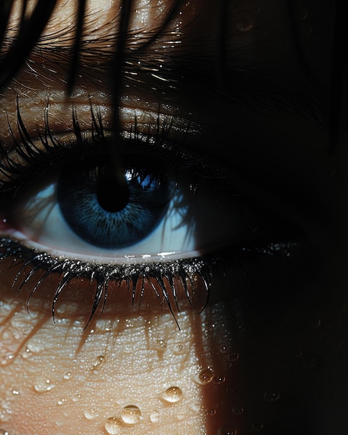 un occhio di donna con un occhio blu e un occhio nero con il riflesso di un albero sullo sfondo.