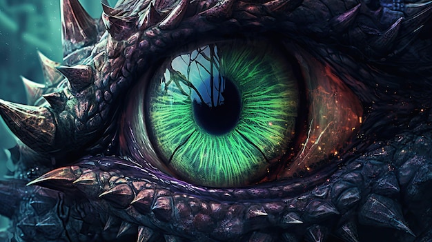 Un occhio di drago con occhi verdi e un drago sul fondo