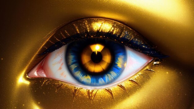 Un occhio giallo con segni blu e arancioni e un occhio giallo.