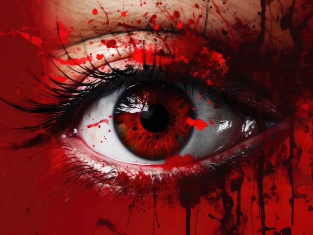 Un occhio rosso con occhi rossi e vernice rossa generativa ai