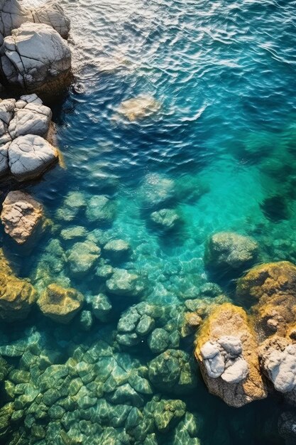 un oceano blu chiaro coperto di rocce