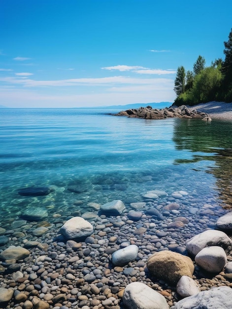 un oceano blu limpido con rocce e alberi sulla riva.