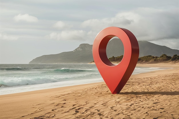 un oggetto a forma di cuore rosso è sulla spiaggia con l'oceano sullo sfondo