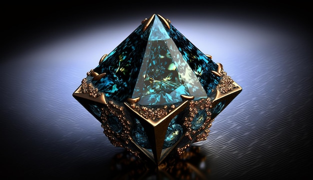 Un oggetto a forma di diamante blu con accenti dorati si trova su una superficie argentata.