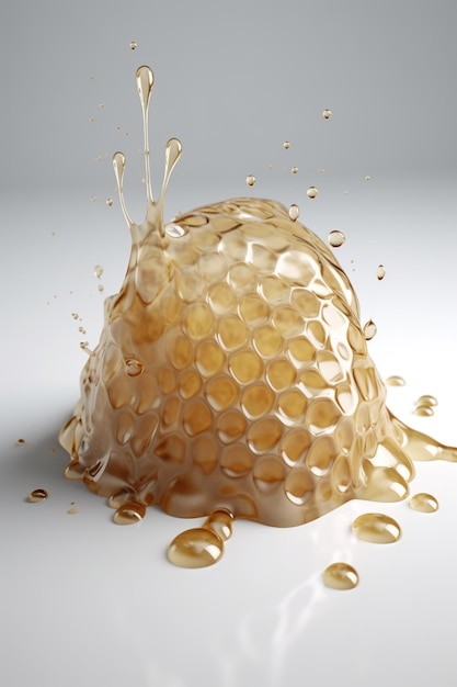 Un oggetto a forma di nido d'ape sta cadendo in una goccia d'acqua.