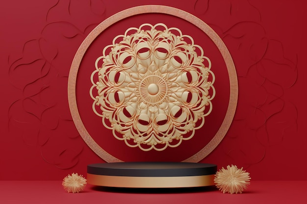 Un oggetto in legno con al centro un fiore su fondo rosso.