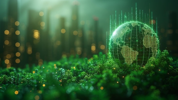 Un ologramma della terra e un'eco hud luminosa con diverse icone e linee sullo sfondo di una città verde con uno sfondo sfocato Un concetto futuristico di energia verde e fonti rinnovabili