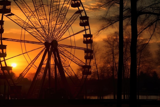 Un'ombra inquietante di una ruota panoramica al tramonto creata con l'AI generativa