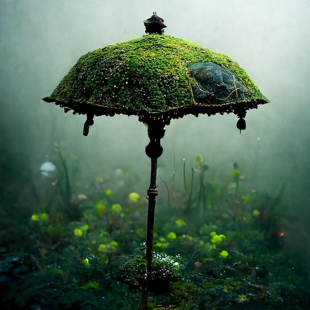 Un ombrello con una cima coperta di muschio e sopra una tartaruga.