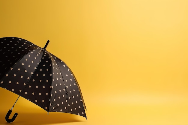 Un ombrello nero con pois bianchi si trova su uno sfondo giallo.
