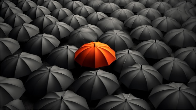 Un ombrello rosso si trova in mezzo a una folla di ombrelli neri.