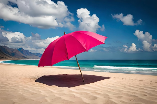 Un ombrellone rosa è su una spiaggia con l'oceano sullo sfondo.