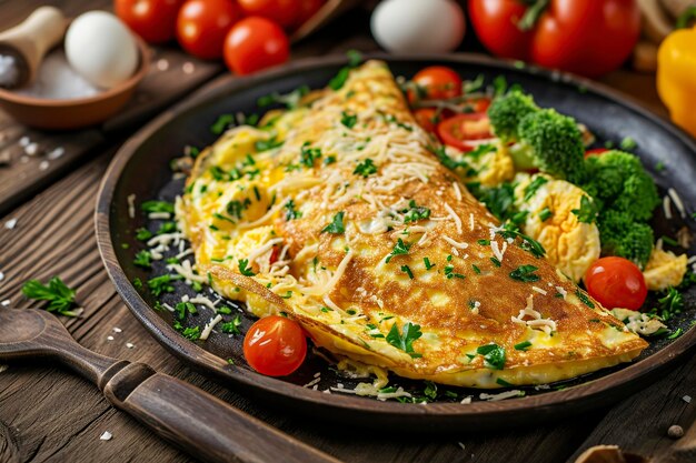 un'omelette vegetariana a uova strapazzate con formaggio e verdure