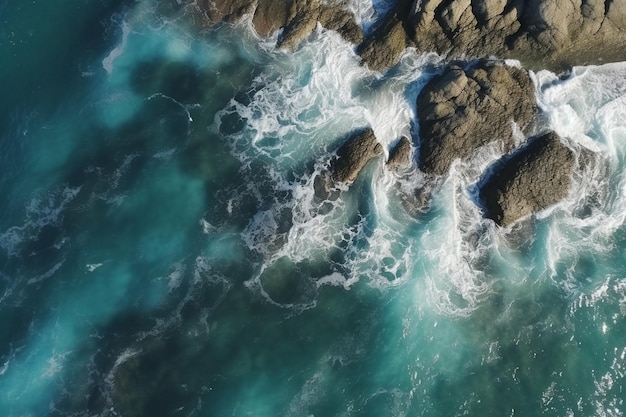 Un'onda marina si infrange su rocce e rocce.