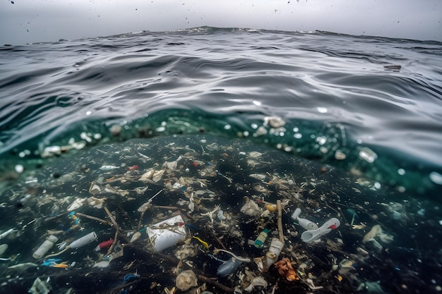 Un'onda nell'oceano con un sacchetto di plastica nell'acqua.