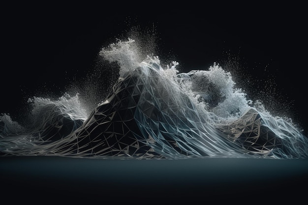 Un'onda si infrange contro una montagna con uno sfondo nero.