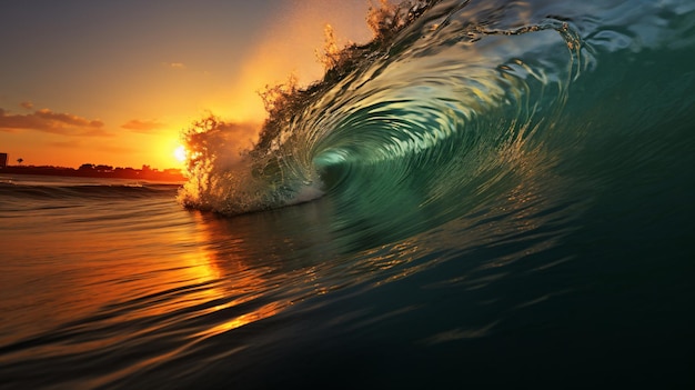 un'onda si infrange nell'oceano al tramonto