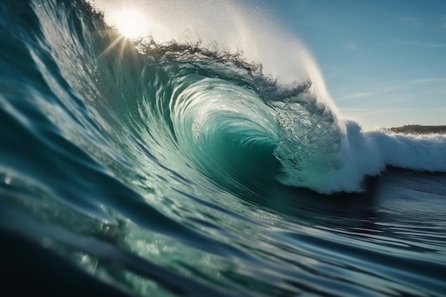 Un'onda si infrange nell'oceano con il sole che splende su di essa.