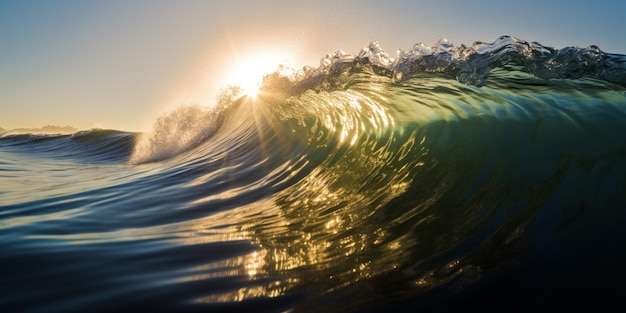 Un'onda si infrange nell'oceano con il sole che tramonta dietro di essa.