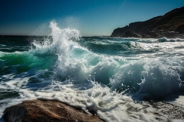 Un'onda si infrange su una roccia accanto a una scogliera.