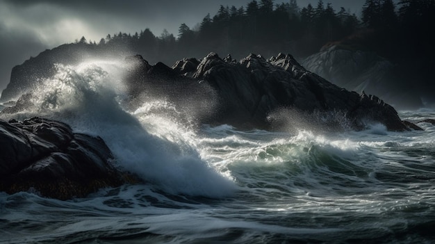 Un'onda si infrange sugli scogli nell'Oceano Pacifico.