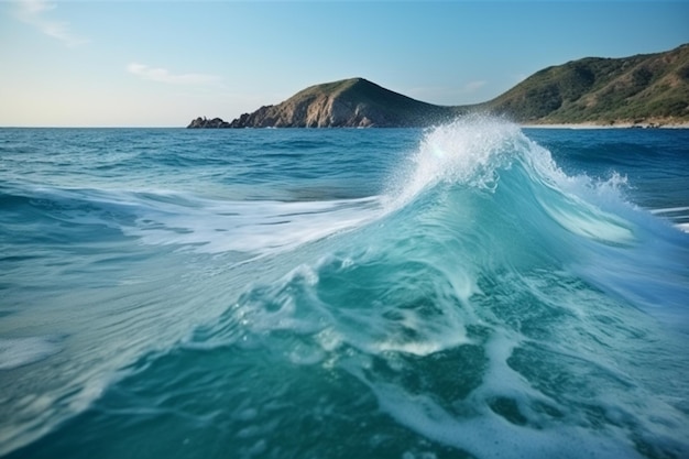 Un'onda si infrange sull'oceano con una montagna sullo sfondo.