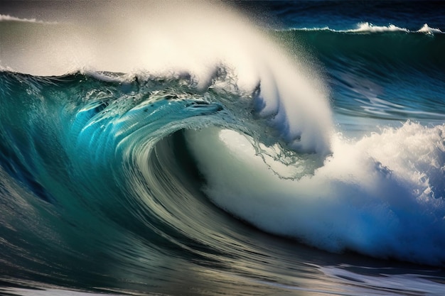 Un'onda si infrange sulla riva e l'acqua è blu.