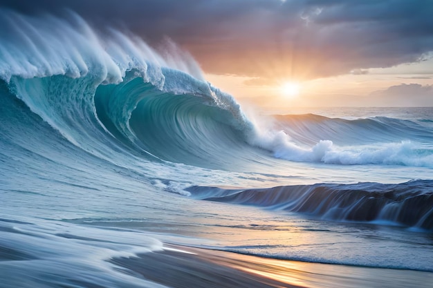 Un'onda si infrange sulla spiaggia con il sole che splende su di essa.