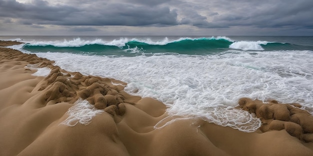 Un'onda si infrange sulla spiaggia e il cielo è nuvoloso.