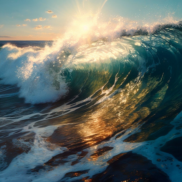 Un'onda si infrange sulla spiaggia e il sole splende su di essa.