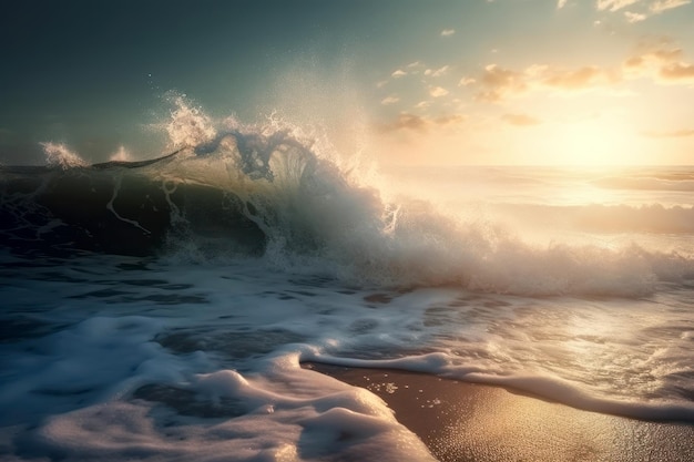 Un'onda si infrange sulla spiaggia e il sole sta tramontando.