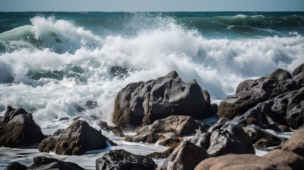 Un'onda si infrange sulle rocce nell'oceano.