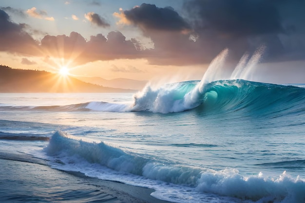 Un'onda sulla spiaggia con il sole che tramonta dietro di essa