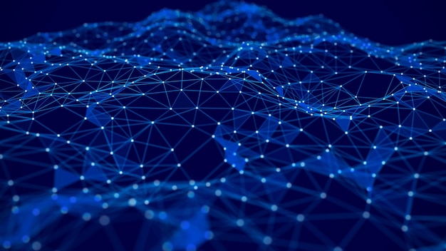 Un'ondata di linee e punti di collegamento Connessione di rete Sfondo astratto di punti bianchi e linee blu rendering 3D