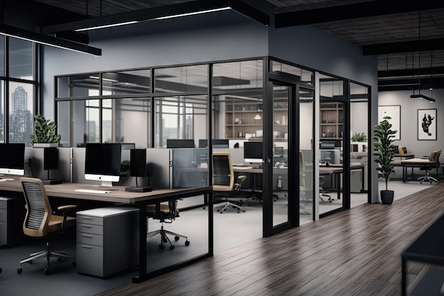 Un open office high-tech con mobili eleganti, tecnologia avanzata e sale riunioni virtuali