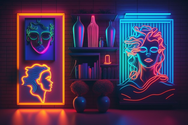 Un'opera d'arte al neon con sopra l'immagine di una donna e di un uomo.