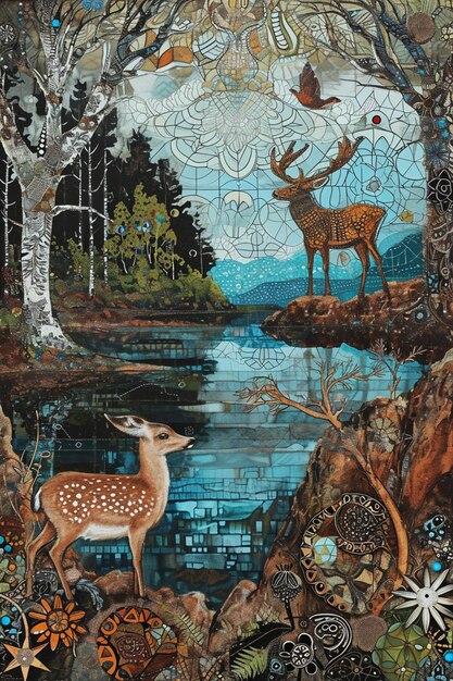 un'opera d'arte che integra motivi culturali tradizionali con immagini di fauna selvatica nativa