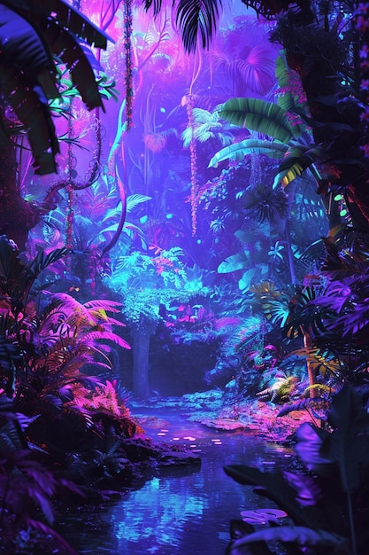 Un'opera d'arte che raffigura una giungla futuristica con piante e alberi bioluminescenti