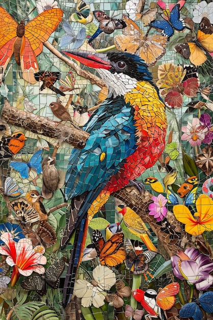 un'opera d'arte che utilizza un mosaico di piastrelle colorate ciascuna raffigurante diverse specie di flora e fauna