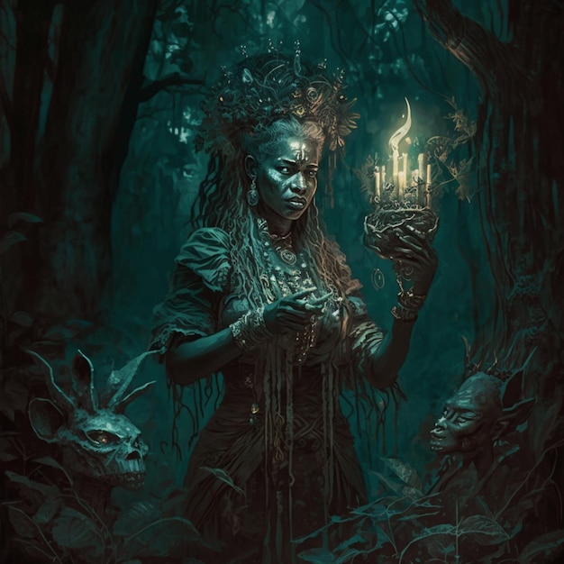 Un'opera d'arte dark fantasy con una donna che regge una lanterna nel mezzo della foresta.