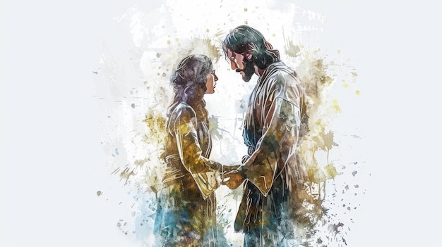 Un'opera d'arte digitale che mostra Gesù e la donna che si allungò per toccare la sua veste dipinta in acquerello