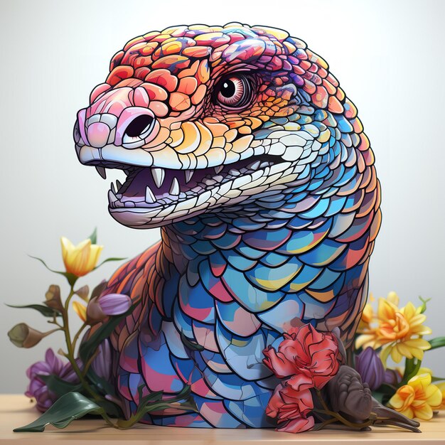 Un'opera d'arte digitale di un serpente a campanello con fiori colorati nella sua pelliccia che guarda direttamente lo spettatore