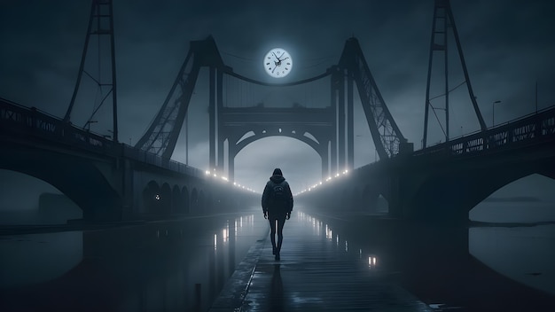 Un'opera d'arte digitale di una persona in felpa che cammina sul ponte del tempo