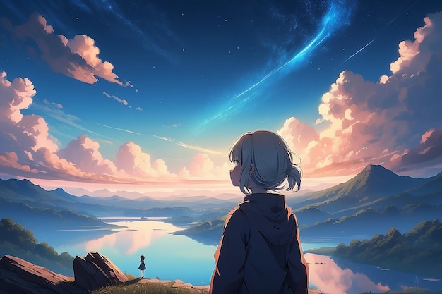 Un'opera d'arte digitale di una ragazza anime di fantasia solitaria che fissa il cielo